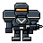Pixel-art armored star knight in dark gunmetal armor with a glowing amber visor and a rifle